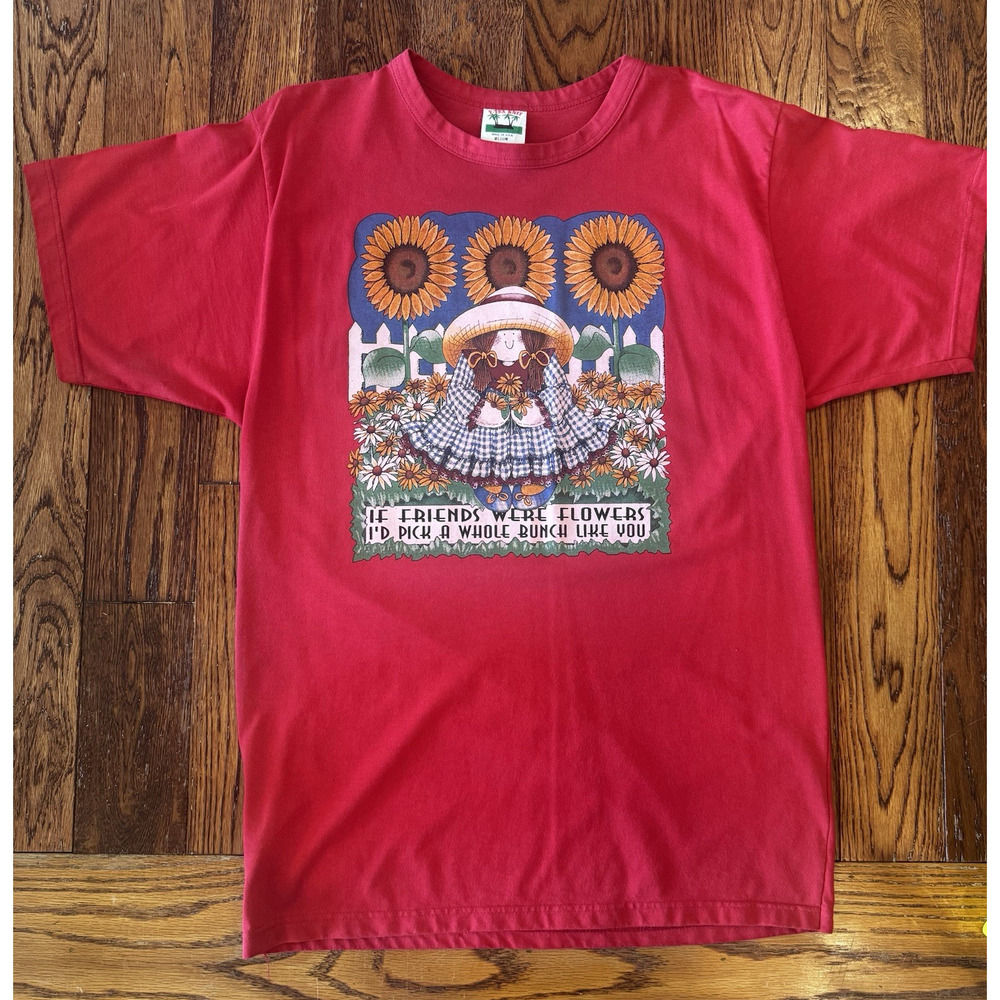 90's T Shirt Vintage Women's Medium Red Sunflowers Friends Cottage Core Country